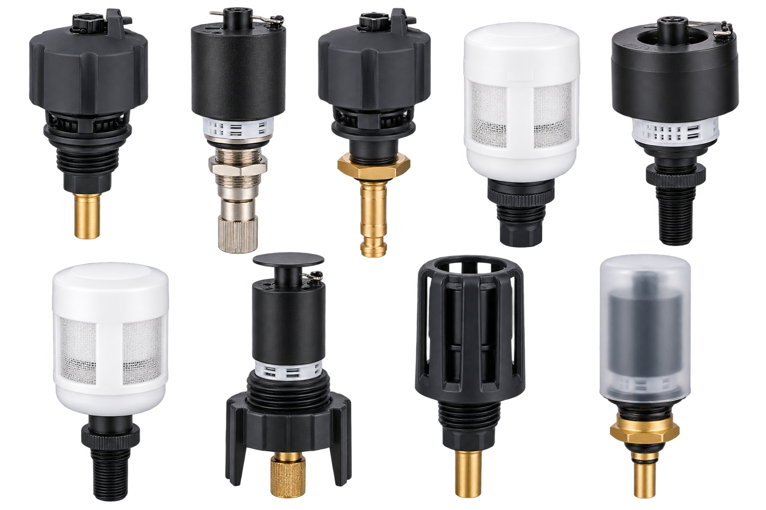 Nine condensate drains in various designs, each with distinct features, housings and connection fittings.
