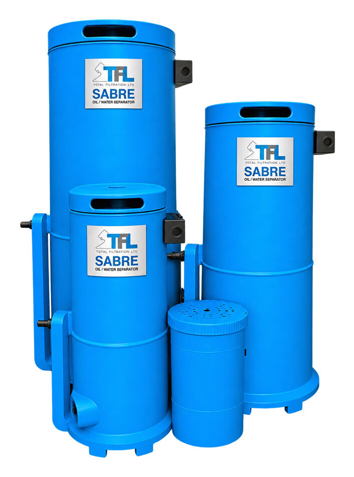 Four blue oil-water separators in different sizes and designs, each featuring a Tiger Filtration product label.