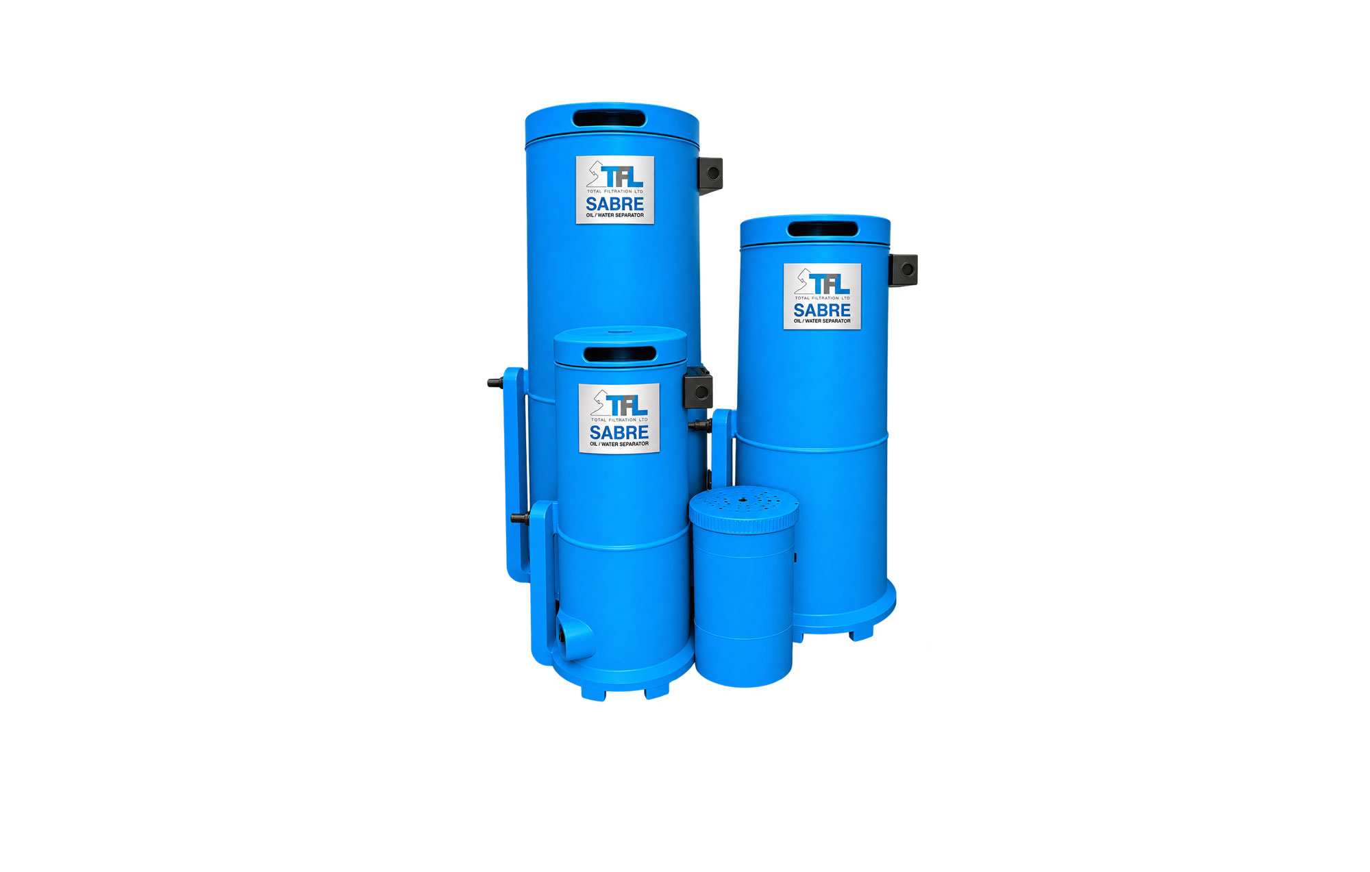 Four blue oil-water separators in different sizes and designs, each featuring a Tiger Filtration product label.